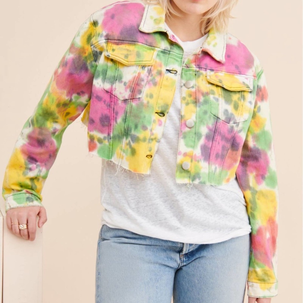 NWT Free People Tie-dye Cropped Denim Button Down Jacket Sz XS Baggy
